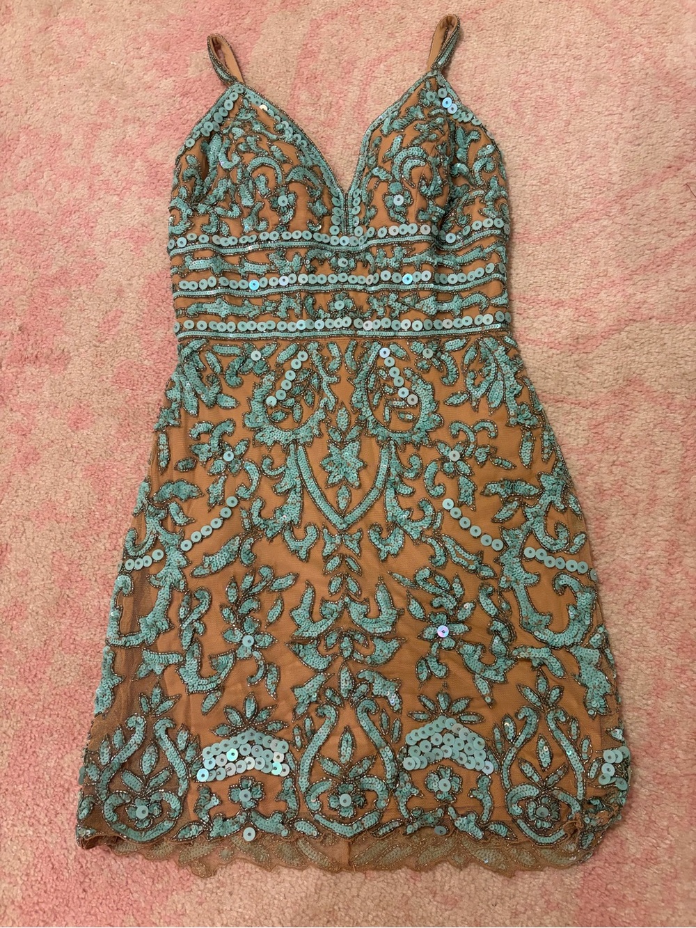 Sherri Hill Teal Sequin Embroidered Mini Dress (Free Earrings with purchase)